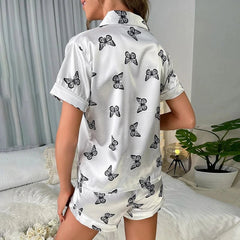 Luxury Butterfly Print Short Silk Pajamas Set Sleepwear For Women - DIANASILK