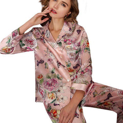 Women Luxury Long Silk Butterfly Print Silk Pajamas Set - DIANASILK