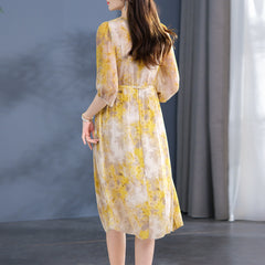 Yellow Floral Puff Sleeves Silk Midi Dress with Drawstring Waist - DIANASILK