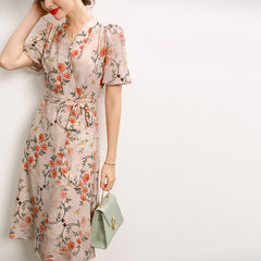 V-neck Vintage Floral Silk Midi Dress with Puff Sleeves - DIANASILK
