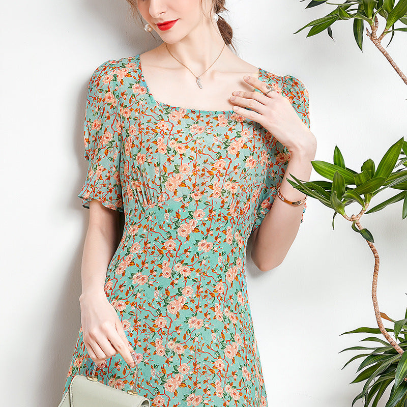 Square Neck Floral Silk Dress with Puff Sleeves - DIANASILK