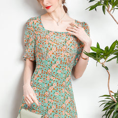 Square Neck Floral Silk Dress with Puff Sleeves - DIANASILK