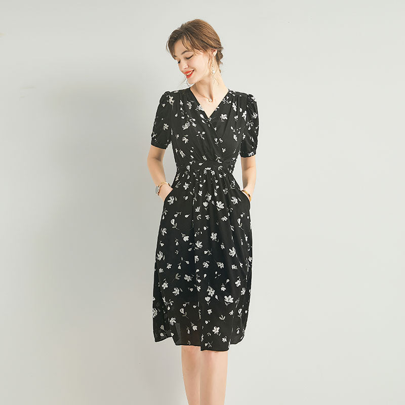 V Neck Silk Wrap Midi Dress with Puff Sleeves and Floral Print - DIANASILK
