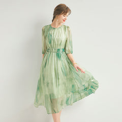 Round Neck Watercolor Gradient Silk Midi Dress - DIANASILK