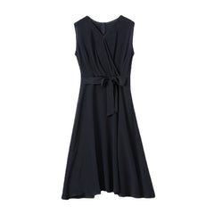 V Neck Flowy Hem Sleeveless Silk Wrap Dress with Tie Waist - DIANASILK