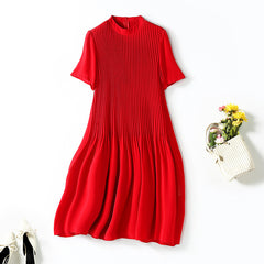 Red Silk Pleated Mini Dress with Short Sleeves - DIANASILK