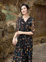 Black Printed with Waist Tie Floral Silk Midi Dress with Button - DIANASILK