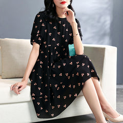 Black and Floral Print Silk Dress with Puff Sleeves - DIANASILK