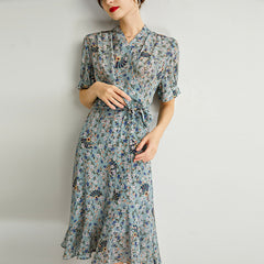 Blue V Neck Silk Wrap Midi Dress with Fan Print and Tie Waist - DIANASILK