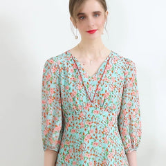 Summer V-Neck Puff Sleeves Floral Silk Midi Dress - DIANASILK