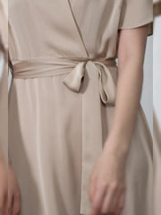 Champagne Silk Wrap Midi Dress with Short Flutter Sleeves - DIANASILK