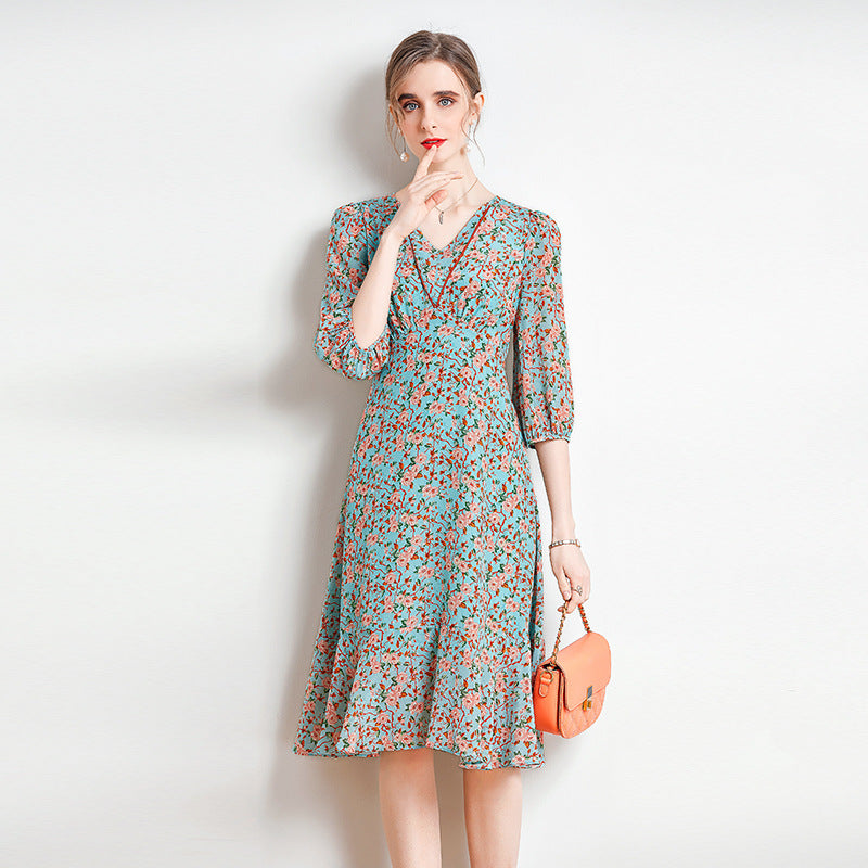 Summer V-Neck Puff Sleeves Floral Silk Midi Dress - DIANASILK
