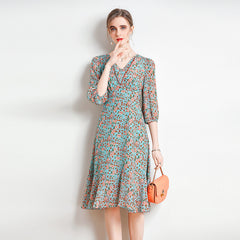 Summer V-Neck Puff Sleeves Floral Silk Midi Dress - DIANASILK