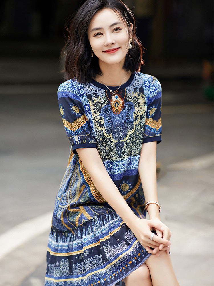 Baroque-Inspired Short Sleeves Silk Dress with Ruffle Hem - DIANASILK