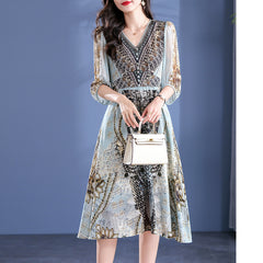 Opulent V-Neck and Printed Design Silk Maxi Dress - DIANASILK