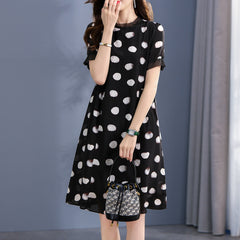 Black Polka Dot Silk Dress with Short Sleeves - DIANASILK