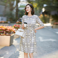 Geometric Print Half Sleeve Silk Dress with Belted Waist - DIANASILK