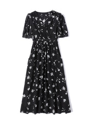 V Neck Silk Wrap Midi Dress with Puff Sleeves and Floral Print - DIANASILK