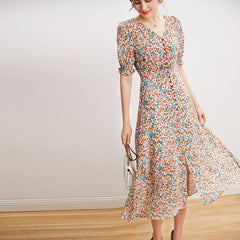 V Neck Silk Floral Midi Dress with Smocked Waist & Puff Sleeves - DIANASILK