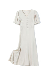 Classic V Neck Front Slit Silk Midi Dress with Puff Sleeves - DIANASILK