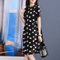 Black Polka Dot Silk Dress with Short Sleeves - DIANASILK