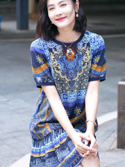 Baroque-Inspired Short Sleeves Silk Dress with Ruffle Hem - DIANASILK