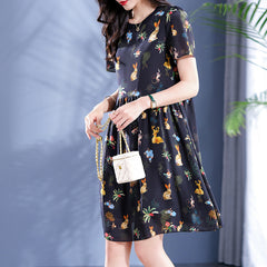Round Neck Black with Rabbit and Floral Printed Silk Dress - DIANASILK