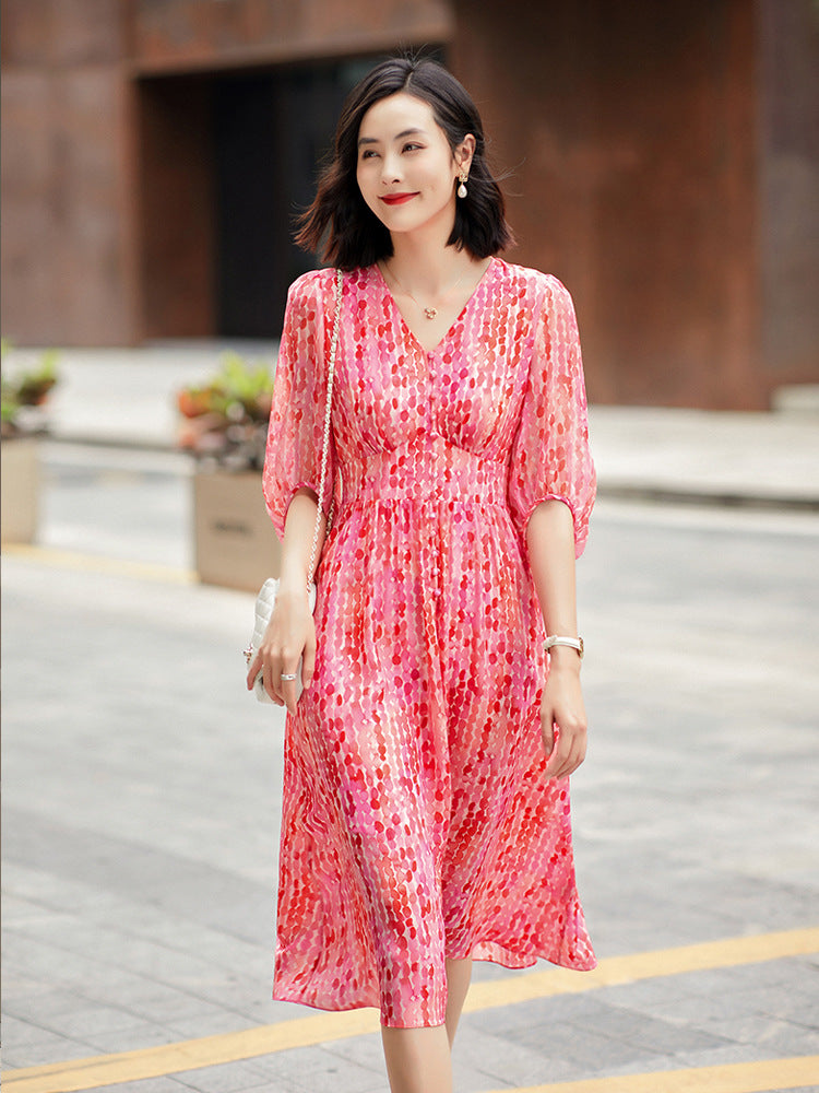V-Neck Pink Printed Silk Midi Dress with Puff Sleeves - DIANASILK