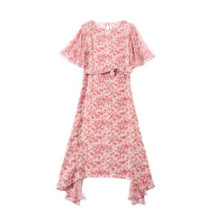 Summer Floral Silk High-Low Midi Dress with Flutter Sleeves - DIANASILK
