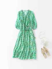 Green V-Neck Printed Silk Dress with Button - DIANASILK