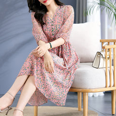 Elegant V-Neck Puff Sleeves Button Floral Print Silk Dress - DIANASILK