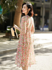 V-Neck Sheer Silk Floral Maxi Dress with Waist Tie - DIANASILK