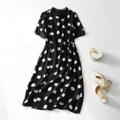 Black Polka Dot Silk Dress with Short Sleeves - DIANASILK