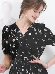 V Neck Silk Wrap Midi Dress with Puff Sleeves and Floral Print - DIANASILK