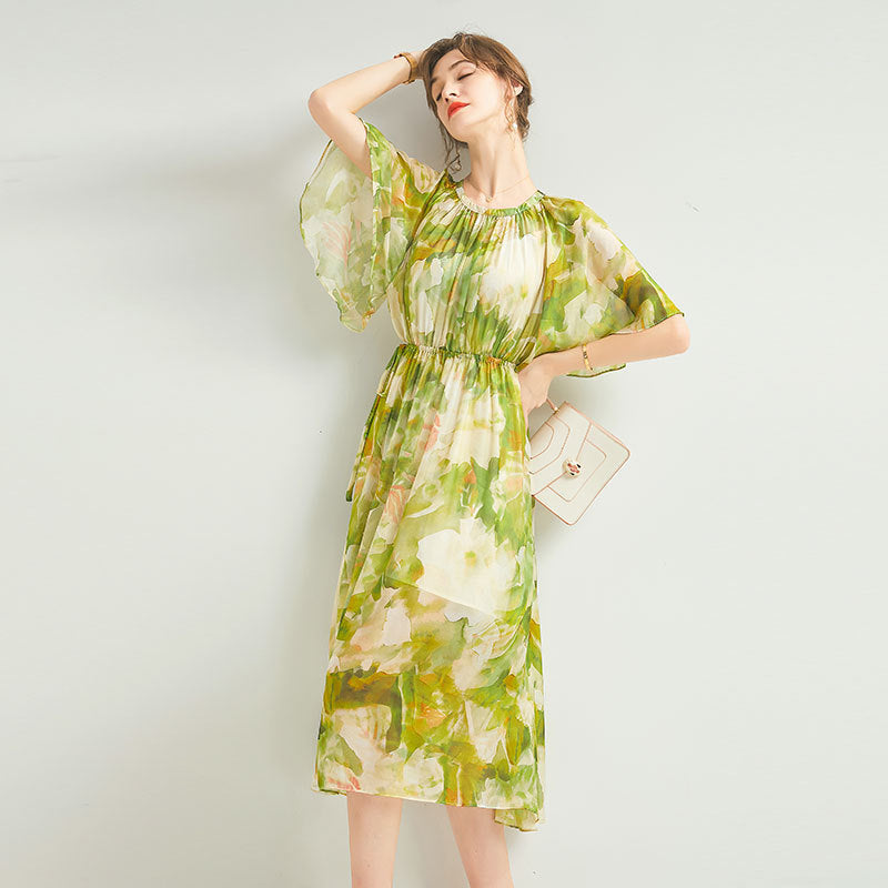 Round Neck Green Floral Silk Midi Dress with Sheer Flutter Sleeves - DIANASILK