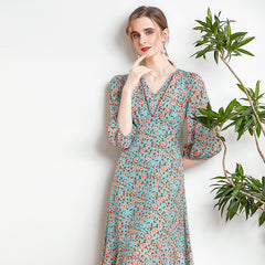 Summer V-Neck Puff Sleeves Floral Silk Midi Dress - DIANASILK