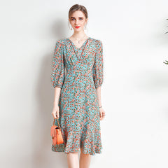Summer V-Neck Puff Sleeves Floral Silk Midi Dress - DIANASILK