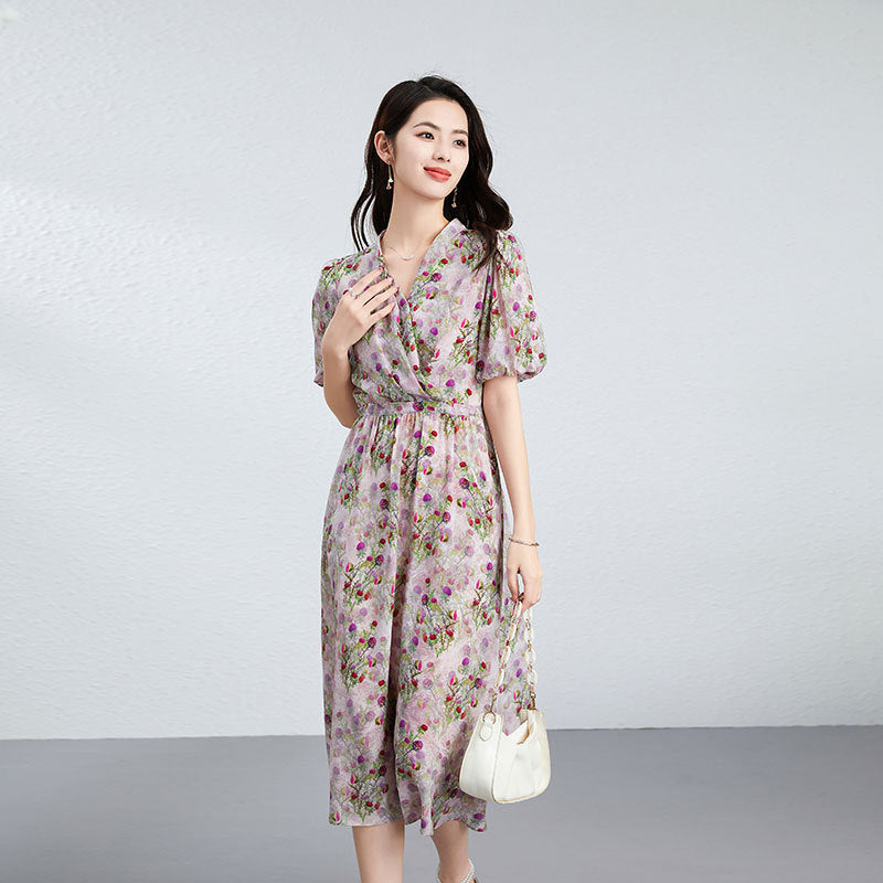 Purple Floral Silk Wrap Dress with Puff Sleeves for Summer - DIANASILK