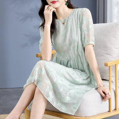 Embroidered Mint Green Silk Dress with Sheer Puff Sleeves - DIANASILK