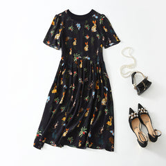 Round Neck Black with Rabbit and Floral Printed Silk Dress - DIANASILK