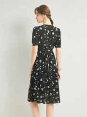 V Neck Silk Wrap Midi Dress with Puff Sleeves and Floral Print - DIANASILK