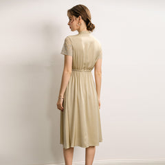 Champagne Silk Midi Dress with Lace Detail and Mandarin Collar - DIANASILK