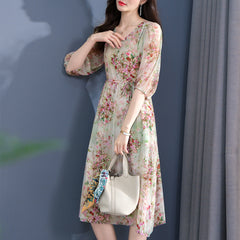 Floral V-Neck Sheer Sleeves Silk Dress with Elastic Waist - DIANASILK