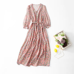 Elegant V-Neck Puff Sleeves Button Floral Print Silk Dress - DIANASILK