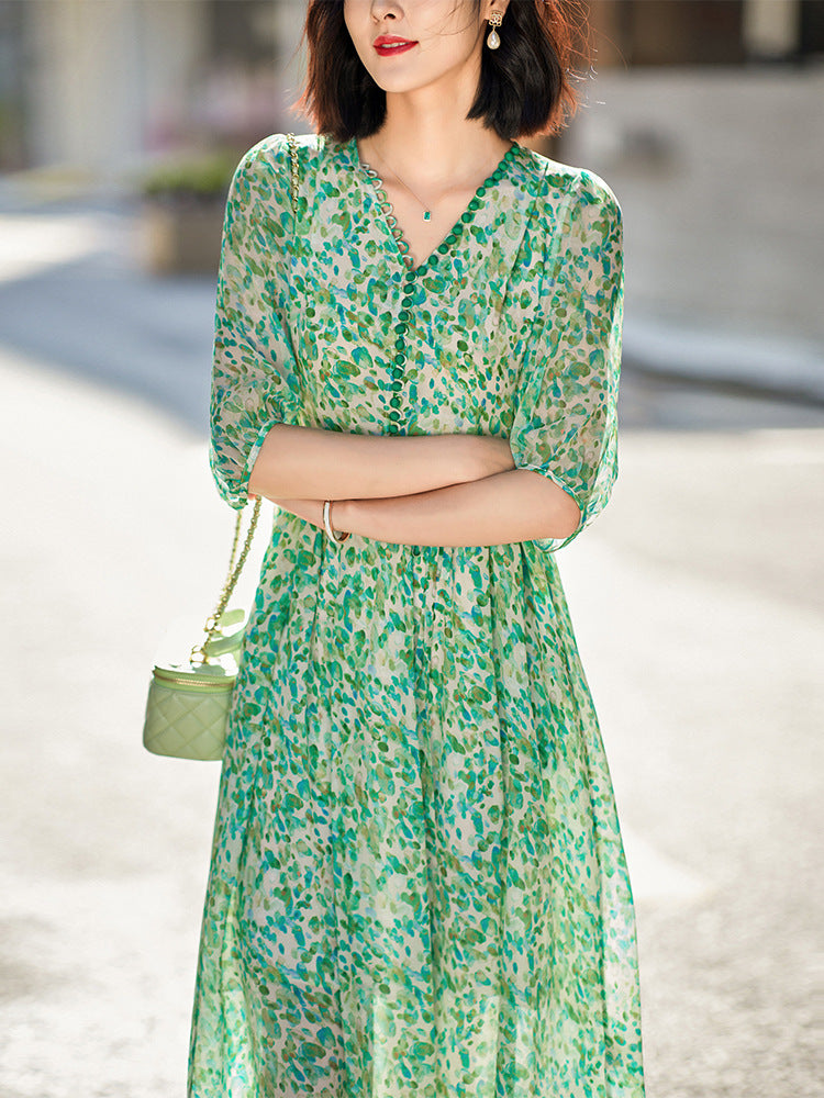 Green V-Neck Printed Silk Dress with Button - DIANASILK
