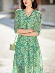 Green V-Neck Printed Silk Dress with Button - DIANASILK