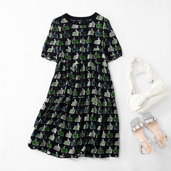 Black Silk Dress with Green Bunny Print - DIANASILK