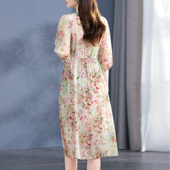 Floral V-Neck Sheer Sleeves Silk Dress with Elastic Waist - DIANASILK