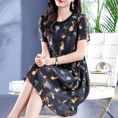 Round Neck Black with Rabbit and Floral Printed Silk Dress - DIANASILK