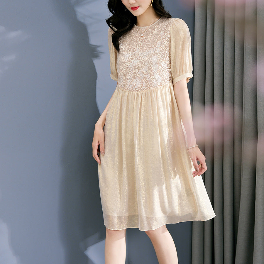 Elegant Beige Puff Sleeves Silk Dress with Lace Bodice - DIANASILK